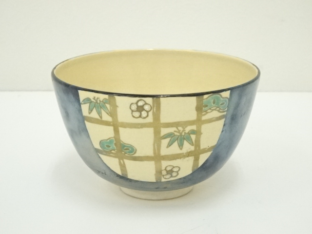 JAPANESE TEA CEREMONY / KYO WARE TEA BOWL CHAWAN / IROE / SHOCHIKUBAI